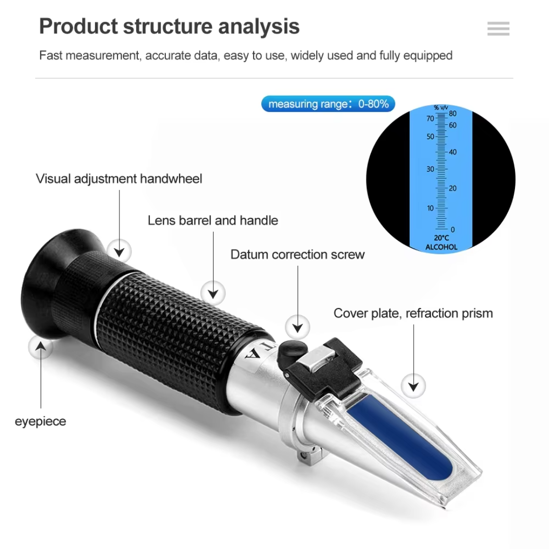 Wine Beer Spirit - Range 0-80% Handheld Alcohol Refractometer Meter
