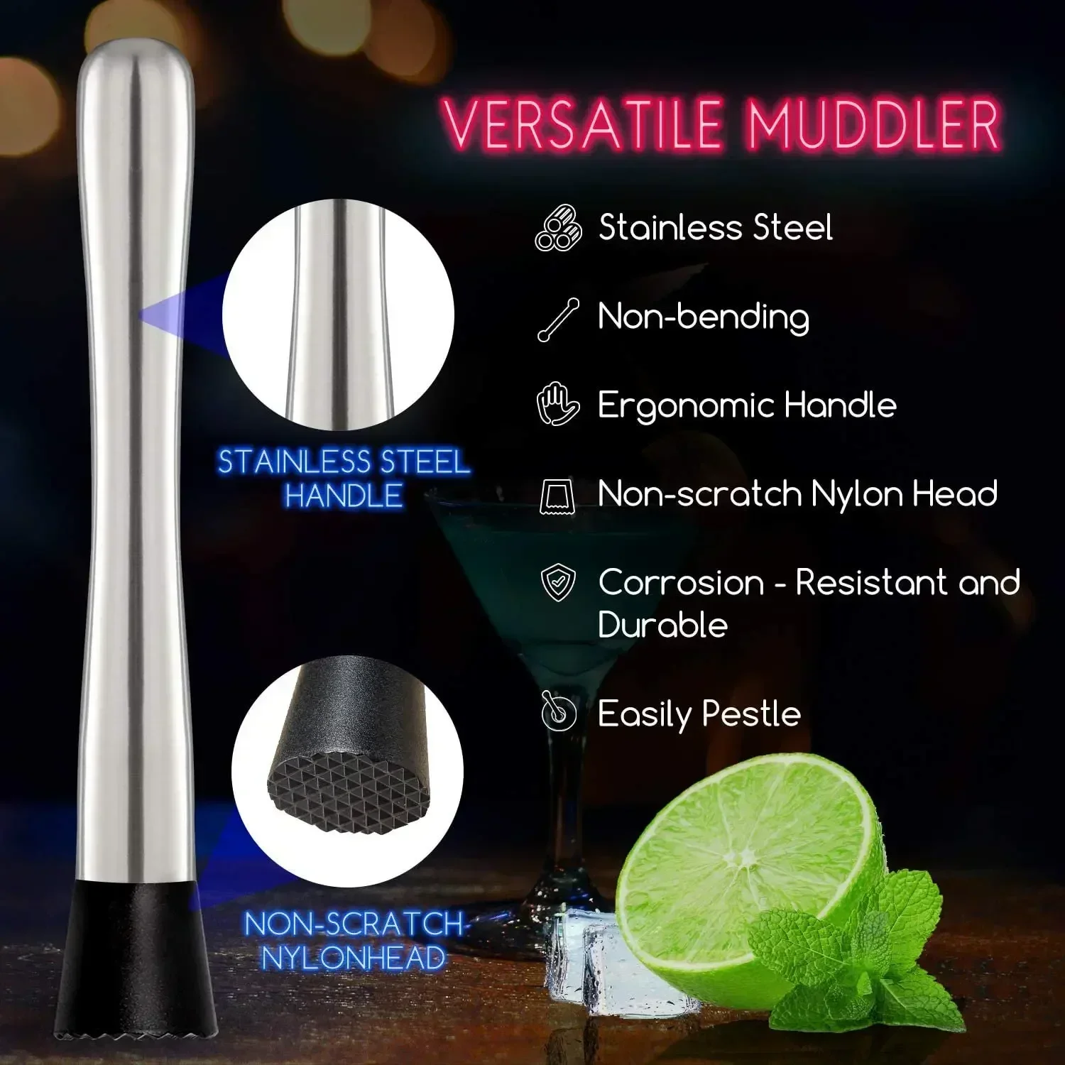Stainless Steel Cocktail Muddl - Muddler Cocktail Bar recension och pris
